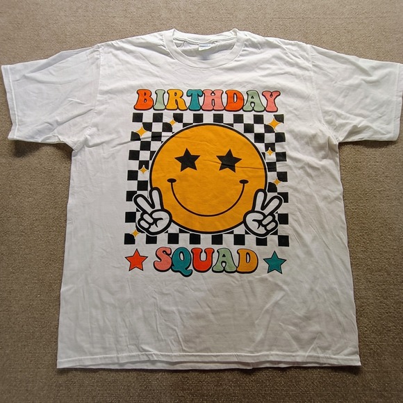Birthday‎ Squad Smile Face Sarcastic Novelty Funny White S/S T-Shirts Mens XL - Picture 5 of 8